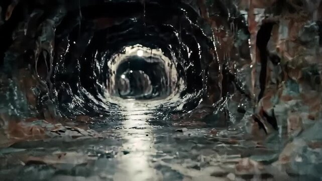 Eerie Tunnel Through Dark Rocky Cave with Dim Lights in the Background