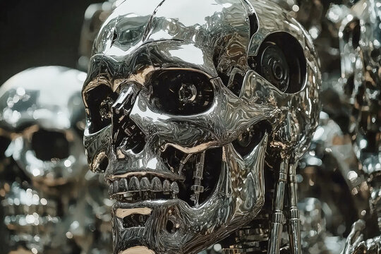 Shiny metallic skull sculpture with intricate robot details
