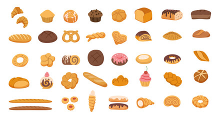 Confectionary. Sweet pastries collection croissants buns biscuits cakes and cheesecake recent vector confectionary set