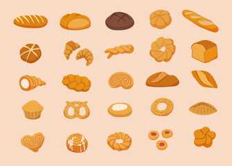 Bakery. Bun bread tasty baguette of different varieties recent vector bakery products in cartoon style
