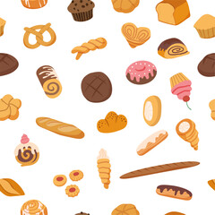 Bakery pattern. background shape with tasty bread and patisserie products. vector seamless template