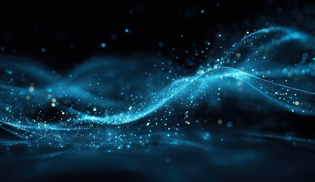 Abstract blue wave of particles on a dark background