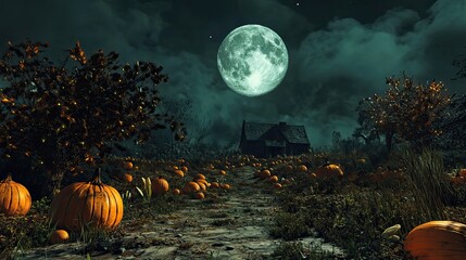 Pumpkin patch filled with twisted dark vines under full moon and fiery orange clouds. Gnarled plants dominate barren soil in eerie nighttime setting. Generative by AI