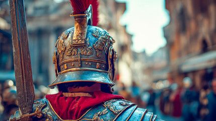 Roman soldier in detailed armor and helmet on a historic street