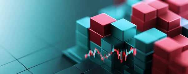 Abstract Cube Graph with Stock Market Line in Teal and Red, Finance, Investment
