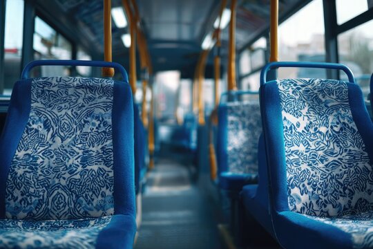 Interior of a bus with blue patterned seats