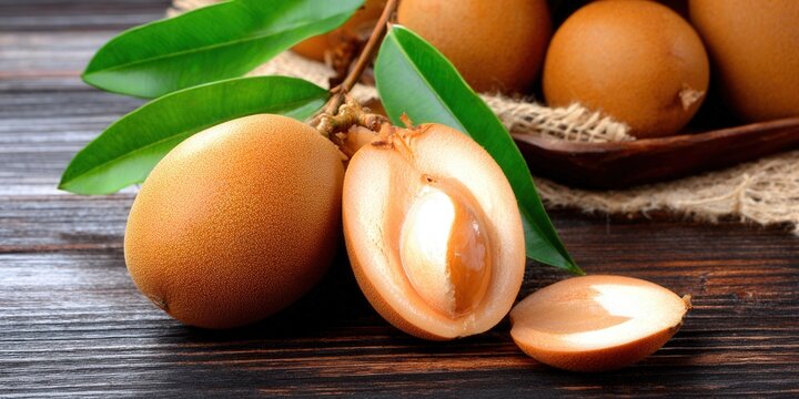 Fresh sapodilla fruit, cut open to display the seed, with green leaves and wooden backdrop.