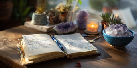 Open notebook with crystals and candle