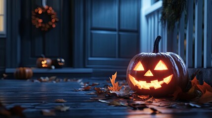 Obraz premium Glowing jack-o-lantern on wooden porch surrounded by dried leaves, candle lanterns, and Halloween decorations against wood wall background. Generative by AI