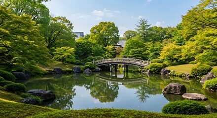 Fototapeta premium Japanese Garden with Bridge and Pond.