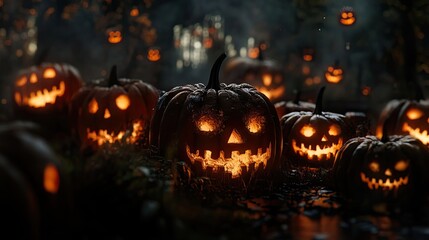 Close-up of carved jack-o-lantern with glowing light inside, surrounded by other pumpkins in dark forest setting. Fallen leaves cover ground. Generative by AI