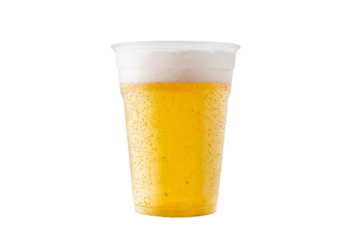 A plastic cup of beer with foam on top