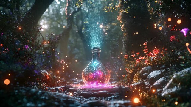 In a magical forest, a mystical potion glowing flora to lucky seekers, leading them on a transformative adventure filled with extraordinary beauty and tranquility, surpassing ordinary life experiences