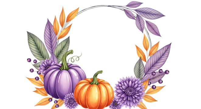 Autumn wreath with pumpkins, purple flowers, and fall leaves, isolated on transparent background