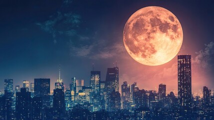 Fototapeta premium Night city skyline with tall buildings lit by lights, large full moon dominates sky, reflection on water visible below, some scattered clouds present. Generative by AI