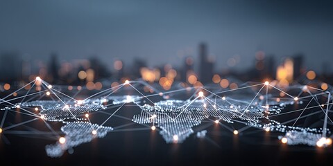 Global network map overlaid on a blurred cityscape at night