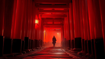 Fototapeta premium Endless Vermilion Torii Gates with Sunlight and Lanterns in image of Kyoto Shrine