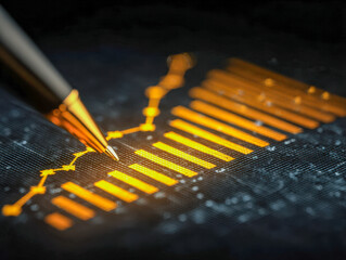 A digital financial graph being analyzed with a stylus on a futuristic screen, showcasing data trends and patterns in advanced data visualization technology
