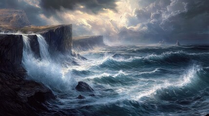 Fototapeta premium Ocean waves crashing on rocky coast under dramatic clouds, cliffs stretch into distance, sunlight peeking through sky. Generative by AI