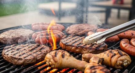 Sizzling summer grill: Capturing the essence of backyard barbecue with meats on flames