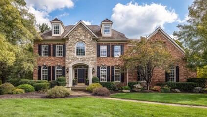 Fototapeta premium A large, stately home with a brick and stone exterior