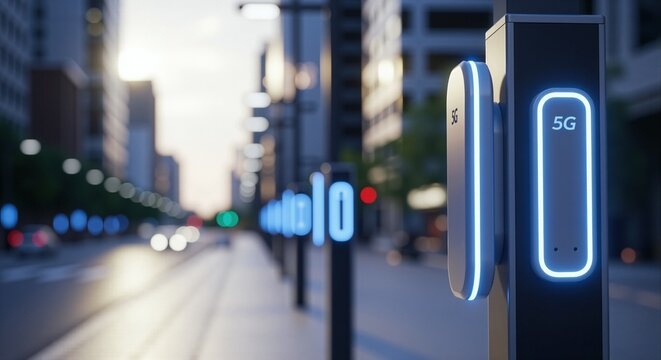 5G network transmitter on a city street pole. Smart city technology and communication infrastructure. Futuristic urban connectivity concept.