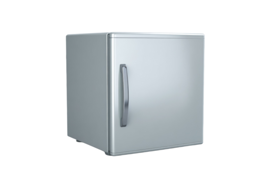 A silver refrigerator with a silver handle