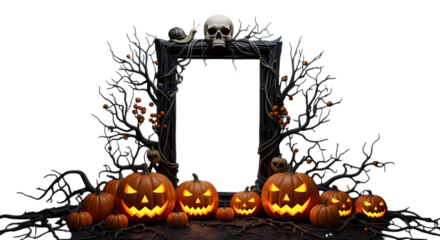 A spooky halloween scene with a frame made of dead trees, skulls, and glowing jackolanterns, with a blank white space in the center for text isolated on transparent background