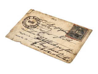 Vintage postcard, aged and creased, with handwritten script and stamps