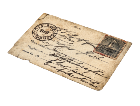 Vintage postcard, aged and creased, with handwritten script and stamps