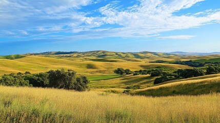 Fototapeta premium Vast open landscape of smooth rolling green hills under bright daylight, scattered white clouds drift across vibrant blue sky, no visible buildings or objects. Generative by AI