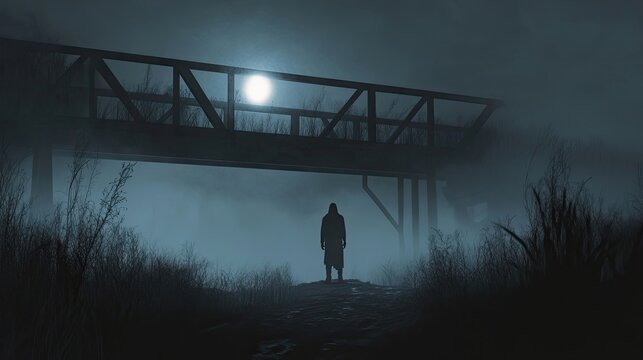 Lone figure in coat stands at top of wooden bridge in foggy forest, trees with bare branches frame scene, full moon glows faintly through heavy mist. Generative by AI