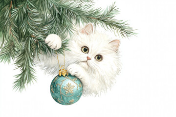 A Persian kitten grabs a Christmas tree toy on a branch