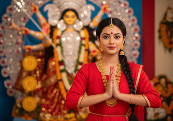 Obraz premium Young woman wearing a traditional red dress stands in front of Goddess Durga with her hands folded in prayer.