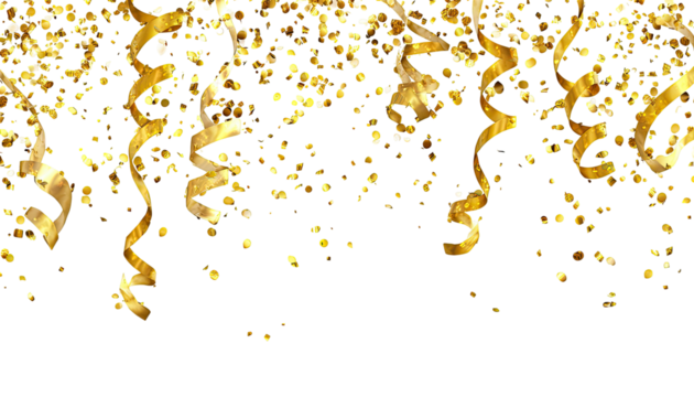 Gold confetti ribbons cascading on black background