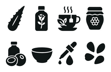 Herbal medicine and wellness silhouette icon set. featuring aloe, herbal oil, tea, honey, coconut, bowl, dropper, flower.