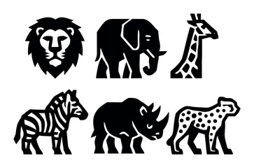 Fototapeta premium Wildlife silhouette icon set. featuring lion, elephant, giraffe, zebra, rhinoceros, and cheetah.