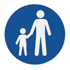A blue road sign showing a pedestrian zone, with a parent and child walking together. Modern flat vector sticker label with icon and badge style, transparent background