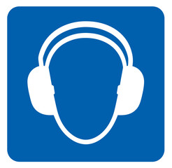 This mandatory sign illustrates the use of earmuffs for hearing protection in a work environment. Modern flat vector sticker label with icon and badge style, transparent background