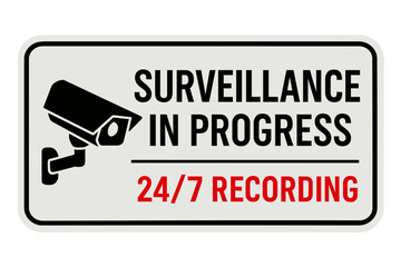 This sign warns of 24/7 recording and surveillance, ensuring security in the area for safety. Modern flat vector sticker label with icon and badge style, transparent background