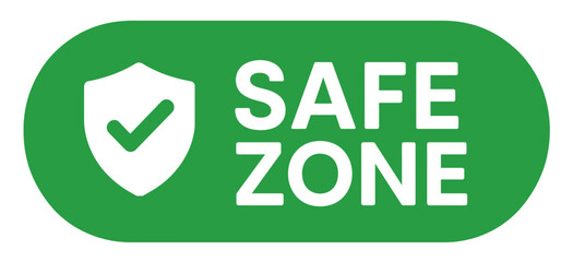 A "safe zone" badge in green with a shield and checkmark assures a sense of security and trust. Modern flat vector sticker label with icon and badge style, transparent background