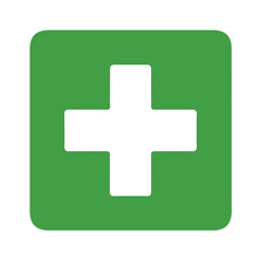 A vibrant green first aid symbol, instantly recognizable and representing medical assistance. Modern flat vector sticker label with icon and badge style, transparent background