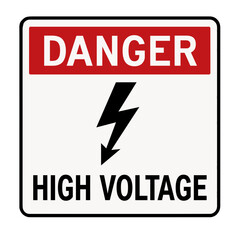 The danger high voltage sign warns of electrical hazards with a lightning bolt. Modern flat vector sticker label with icon and badge style, transparent background