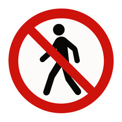 A round red and white no entry sign with a silhouette of a person walking. Modern flat vector sticker label with icon and badge style, transparent background