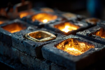 Casting gold bars into ingot molds in foundry using molten metal