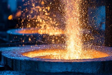 Liquid metal pouring into foundry ladle creating sparks
