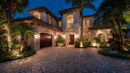 south florida luxury home, nighttime illumination, high end real estate photography, 16:9