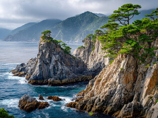 Stunning rocky coastline with lush pine trees perched on cliffs overlooking the serene blue ocean against a backdrop of misty mountains under a cloudy sky