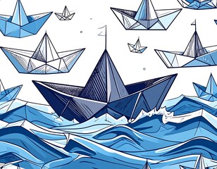 Paper boats on a blue wave