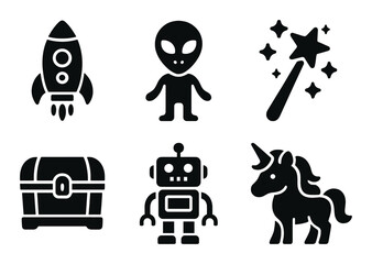 Fantasy adventure silhouette icon set. featuring rocket, alien, wand, chest, robot, unicorn.